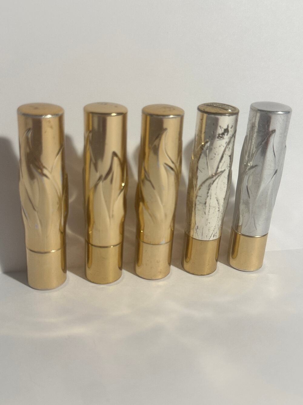 VTG (5) Alexandra de Markoff metal lipstick tubes silver and gold imperfections